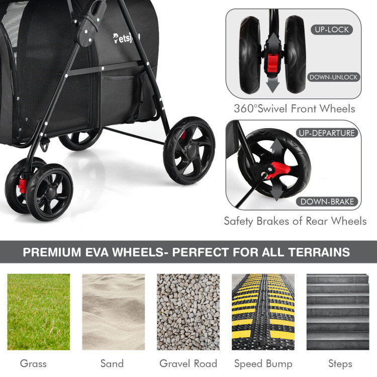 4-in-1 Double Pet Stroller with Detachable Carrier