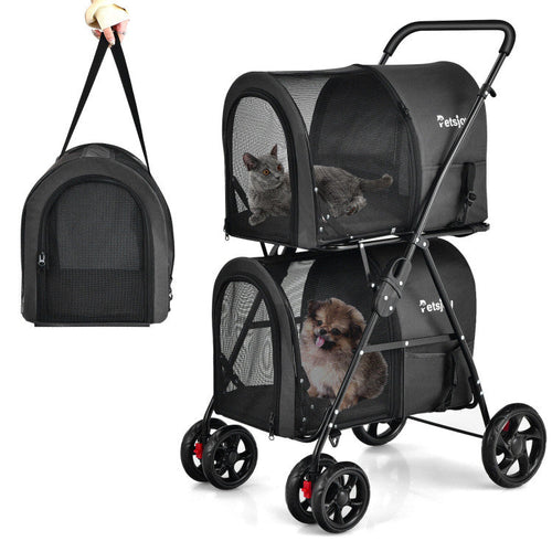 4-in-1 Double Pet Stroller with Detachable Carrier