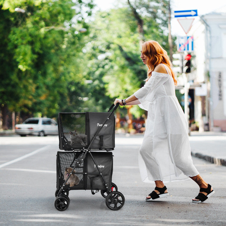 4-in-1 Double Pet Stroller with Detachable Carrier