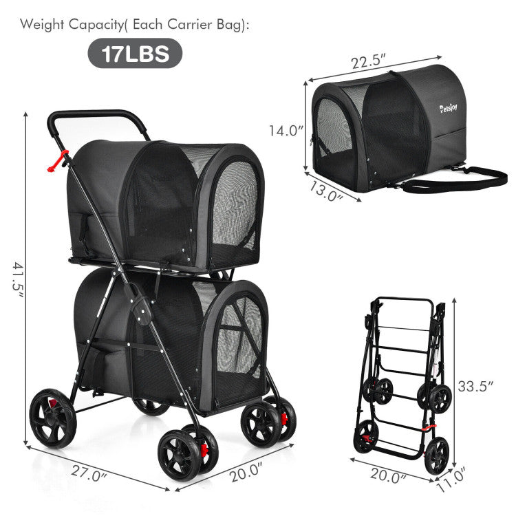 4-in-1 Double Pet Stroller with Detachable Carrier