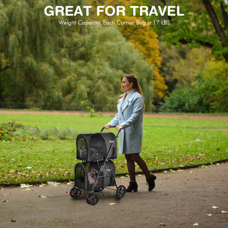 4-in-1 Double Pet Stroller with Detachable Carrier