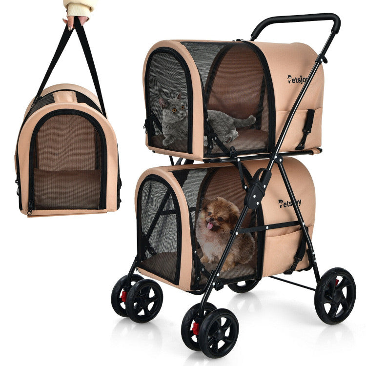 4-in-1 Double Pet Stroller with Detachable Carrier