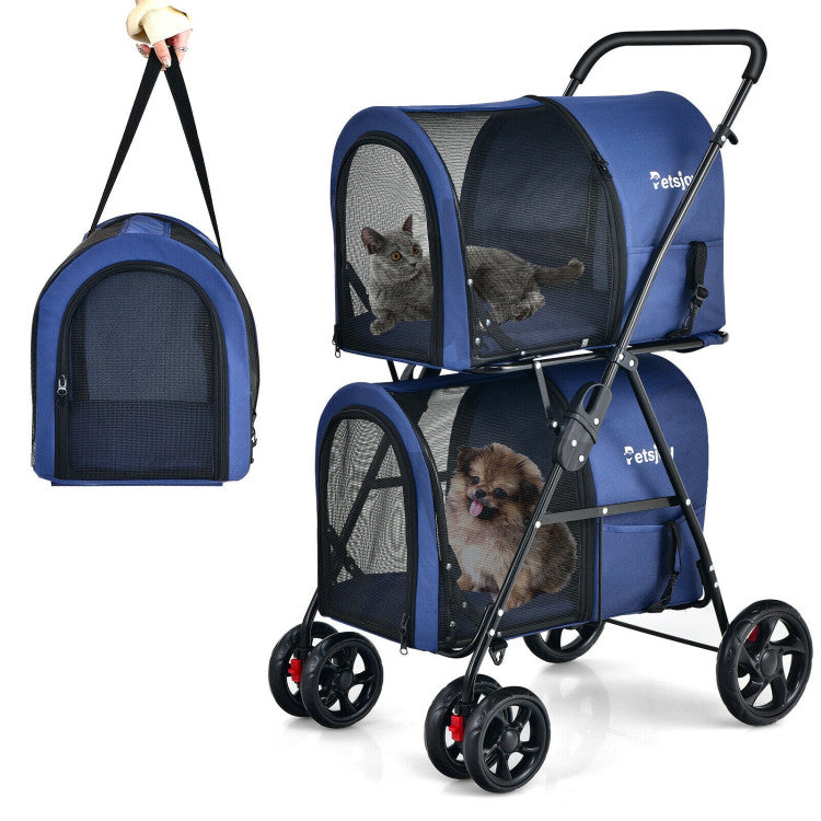 4-in-1 Double Pet Stroller with Detachable Carrier