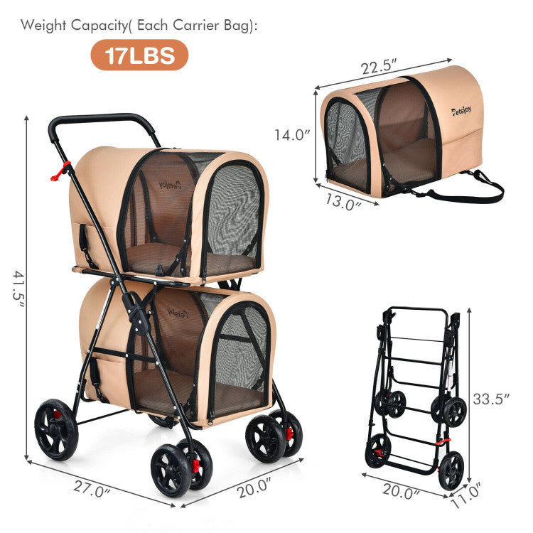 4-in-1 Double Pet Stroller with Detachable Carrier