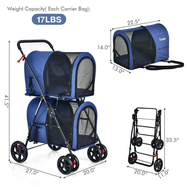 4-in-1 Double Pet Stroller with Detachable Carrier