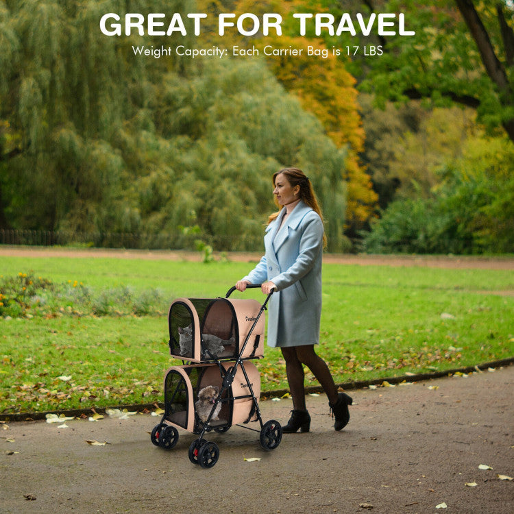 4-in-1 Double Pet Stroller with Detachable Carrier