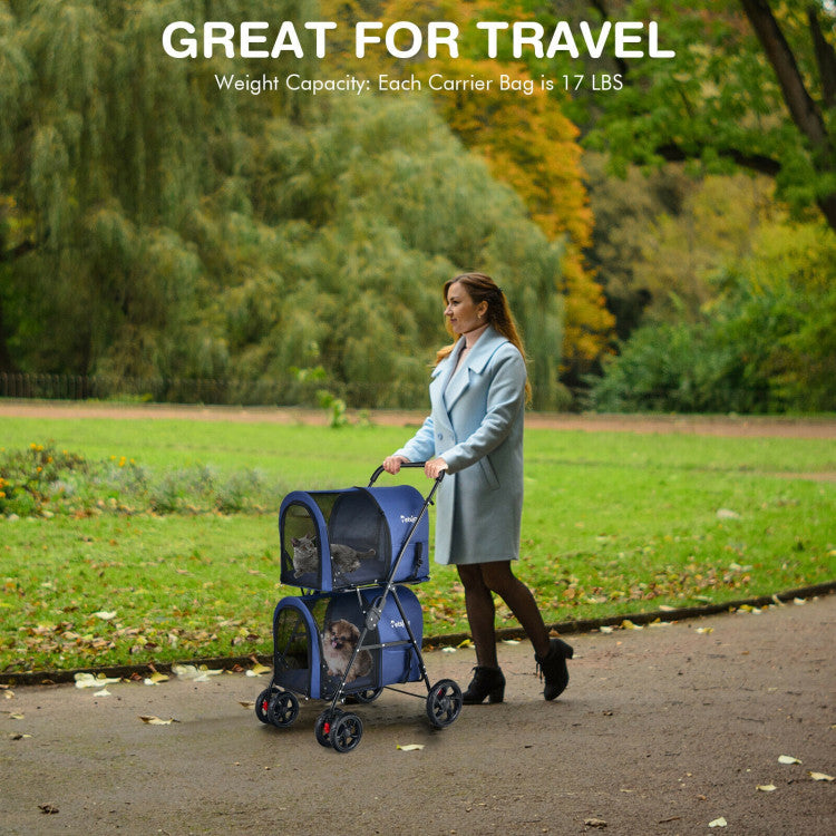 4-in-1 Double Pet Stroller with Detachable Carrier