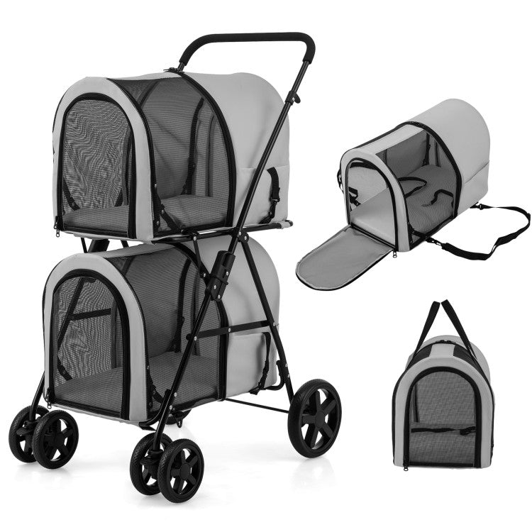 4-in-1 Double Pet Stroller with Detachable Carrier