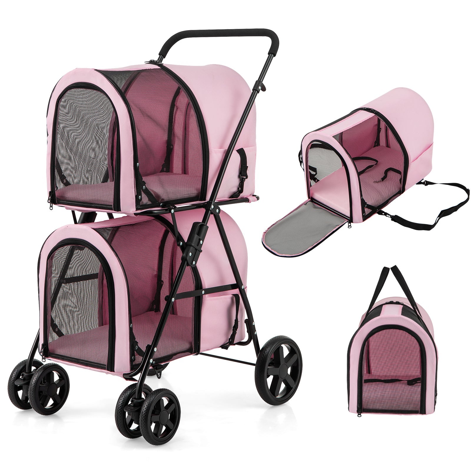 4-in-1 Double Pet Stroller with Detachable Carrier