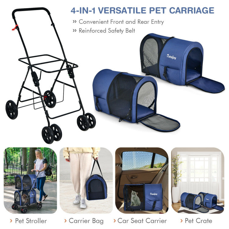 4-in-1 Double Pet Stroller with Detachable Carrier
