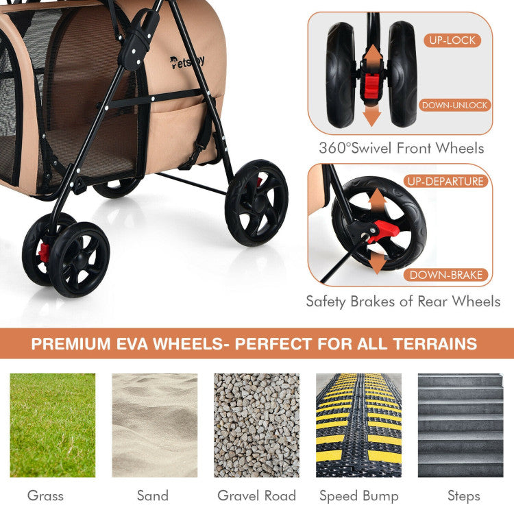 4-in-1 Double Pet Stroller with Detachable Carrier