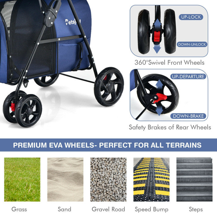 4-in-1 Double Pet Stroller with Detachable Carrier