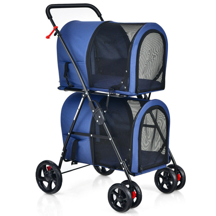 4-in-1 Double Pet Stroller with Detachable Carrier